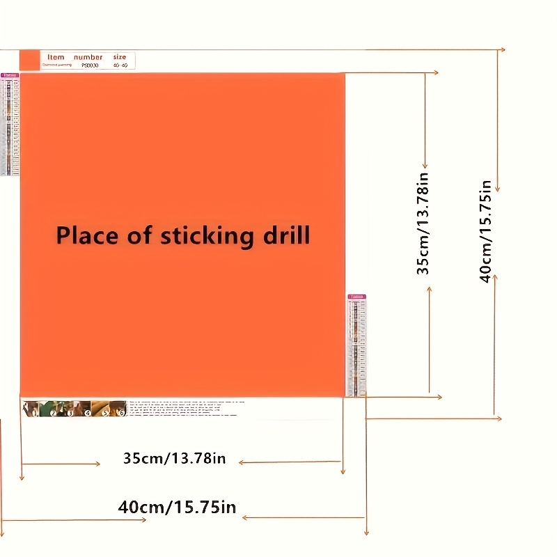 Orange sheet with dimensions and text indicating the area for drilling, on a white background.