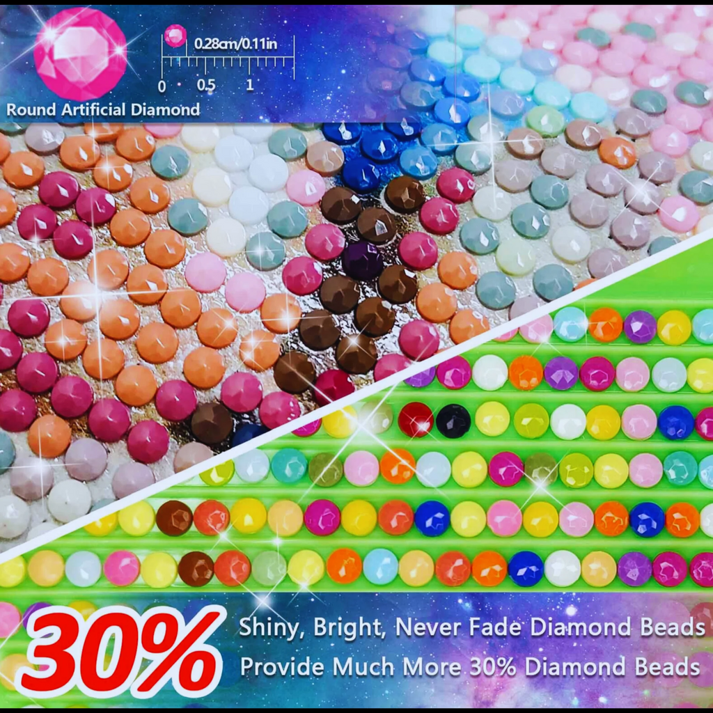 Colorful round artificial diamond beads with a 30% discount label on a multicolored background.