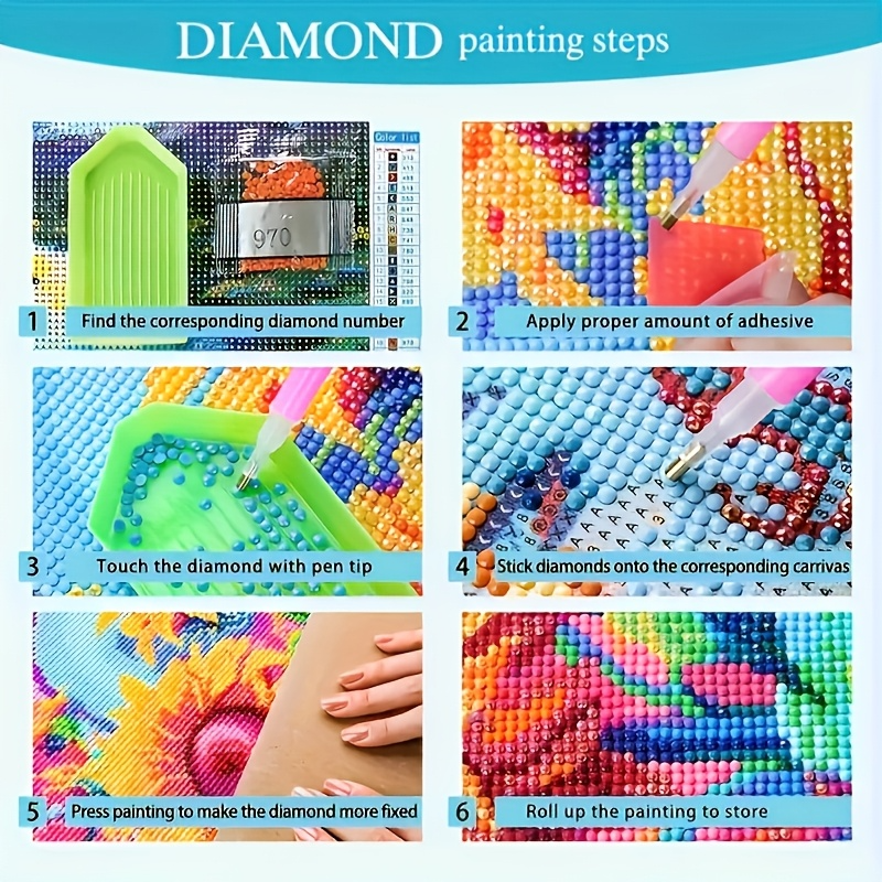 Step-by-step guide to diamond painting with colorful images and text.