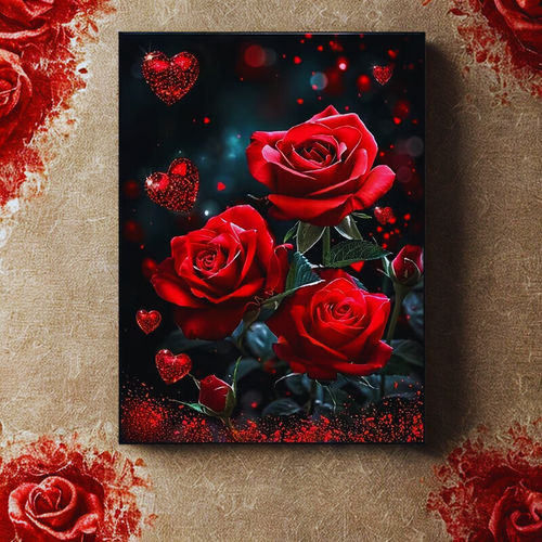 Canvas print of red roses with decorative elements on a textured wall.