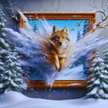 Wolf in a snowy landscape with a wooden frame